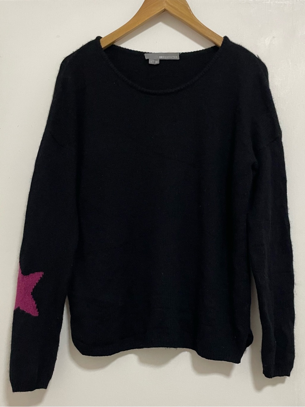360SWEATER Wool Cashmere Black Pink Intarsia Star Back Pullover Knit Sweater L